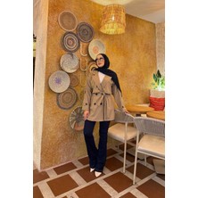 Md Kemerli Apolet Detaylı Premium Trençkot Vizon