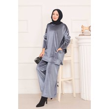 Ozk Cep Detaylı Kadife İkili Takım Gri