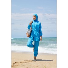 SVS Boydan Fermuarlı Beli Ayarlanabilir Tesettür Mayo Mavi