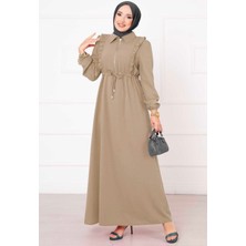 Asm Yarım Fermuarlı Fırfır Detaylı Tesettür   Elbise Bej