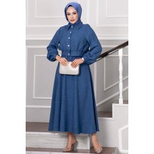 Md Taşlı Düğme Detaylı Etekli Tesettür Takım İndigo