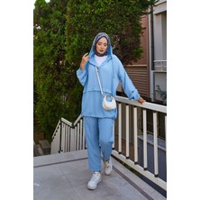 Md Kapüşon Ve Düğme Detaylı İkili Takım Bebe Mavisi