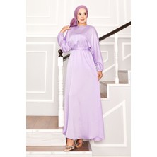 Msk Serpme Taş Detaylı Seyyar Kuşaklı Yarasa Kol Elbise Lila