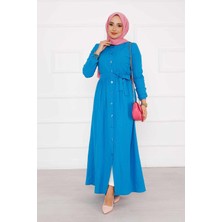 Asm Boydan Düğmeli Kolu Lastikli Elbise İndigo