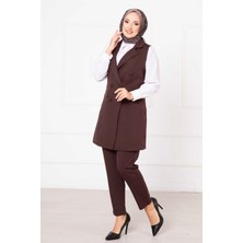 HP Mendil Yaka Uzun Yelek Takım Kahve