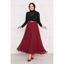 Kç Altı Volanlı Piliseli Tesettür Etek Bordo