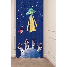 Greendecor Astronot Uzay Gezegen Ay Yıldız Özel Tasarım Dijital Baskılı (Tek Kanat) Modern Çocuk Oda Fon Perde