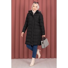 Hsm Kapüşonu Kürklü Fermuarlı Şişme Mont Siyah