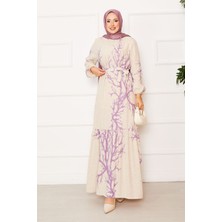 EFL Keten Desenli Beli Kuşaklı Elbise Lila