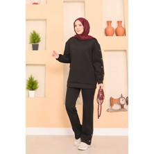 Kç Yırtmaçlı Çıtçıt Detaylı Tesettür İkli Takım Siyah