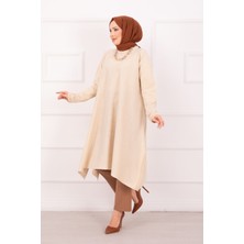 Frx Yırtmaç Detaylı Simli  Mevlana Triko Tunik Krem