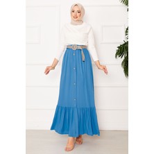 ZMR Beli Lastikli Düğme Detaylı Tesettür Etek Mavi