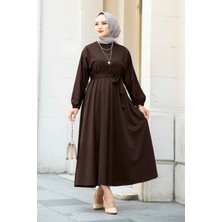 Beli Kuşaklı Tesettür Elbise 100MD-10528 Kahve