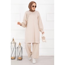 Nz Taş İşleme Çiçek Detaylı Tesettür İkili Takım Bej