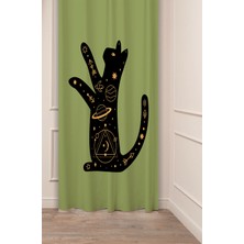 Greendecor Kedi Uzay Gezegen Yıldız Ay Bohem Desenli Özel Tasarım Dijital Baskılı (Tek Kanat) Şık Fon Perde