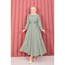 Md Dantel Dokulu Seyyar Kuşaklı Tesettür Elbise Mint