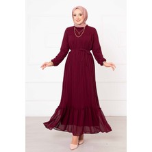 Pol Kuşaklı Piliseli Şifon Tesettür  Tesettür Elbise Bordo