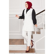 HP Mendil Yaka Uzun Yelek Takım Ekru