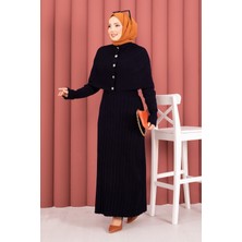 KL Düğme Detaylı Pelerinli Triko Elbise Takım Lacivert