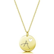 Kadın 925 Ayar Gümüş Altın Kaplama Yuvarlak Plaka Harf Kolye