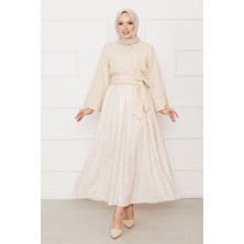 Asm Gömleği Kendinden Kuşaklı Geniş Kol Etekli Takım Bej