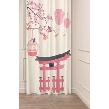 Greendecor Sakura Çiçek Kuş Bohem Japonya Bej Pembe Desenli Özel Tasarım Dijital Baskılı (Tek Kanat) Fon Perde