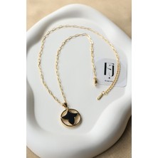 First Jewelry Gold Lale Sedefli Çelik Kadın Takı Siyah Beyaz Uzun Kolye