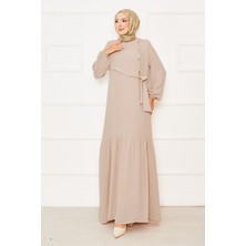 Asm Önü Aller Ve Taş Detaylı Bağlamalı Elbise Bej