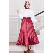 Md Saten Serpme Taşlı Piliseli Etek Bordo
