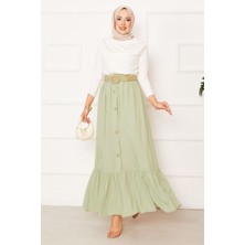 ZMR Beli Lastikli Düğme Detaylı Tesettür Etek Su Yeşili