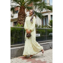 EFL Yarım Düğmeli Püskül Detaylı Tesettür Elbise Sarı