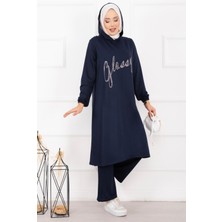 Azr Glossy Taş Detaylı Kapüşonlu Tesettür Takım Lacivert