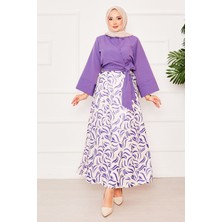 Asm Gömleği Kendinden Kuşaklı Geniş Kol Etekli Takım Lila