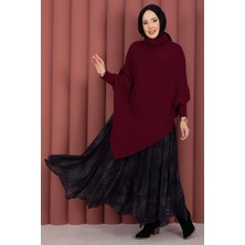 Mo Balıkçı Yaka Asimetrik Triko Kazak Bordo