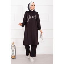 Azr Glossy Taş Detaylı Kapüşonlu Tesettür Takım Füme