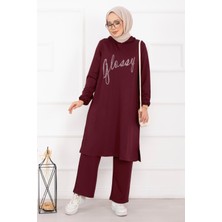 Azr Glossy Taş Detaylı Kapüşonlu Tesettür Takım Bordo