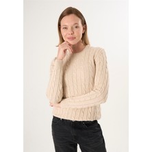 Felix Hardy Kadın V Yaka Saç Örgü Triko Kazak - Bej