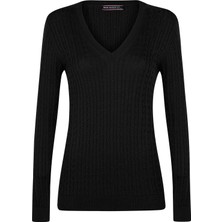 Felix Hardy Kadın V Yaka Saç Örgü Triko Kazak - Siyah