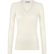 Felix Hardy Kadın V Yaka Saç Örgü Triko Kazak - Ekru