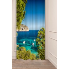 Greendecor Deniz Orman Su Plaj Kaya Beyaz Gemi Manzara Özel Tasarım Dijital Baskılı (Tek Kanat) Şık Fon Perde