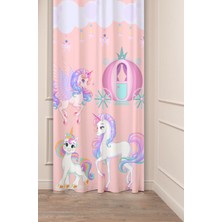 Greendecor Unicorn Pembe Çiçek Yaprak Çocuk Odası Desenli Özel Tasarım Dijital Baskılı (Tek Kanat) Fon Perde