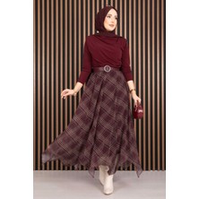 kft Asimetrik Kesim Ekose Şifon Etek  Bordo