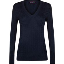 Felix Hardy Kadın V Yaka Saç Örgü Triko Kazak - Lacivert