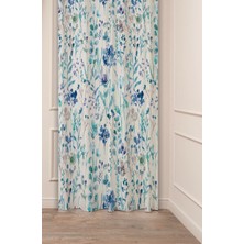 Greendecor Çiçekli Mavi Yaprak Çiçekler Bohem Deseneli Özel Tasarım Dijital Baskılı (Tek Kanat) Soft Fon Perde