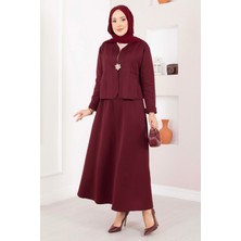 ZNK Gold Broşlu Ceket Etek İkili Takım Bordo