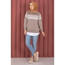 RAF Etnik Motifli Salaş Triko Kazak Vizon