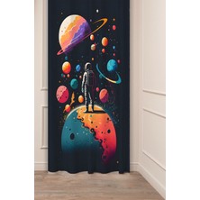 Greendecor Uzay Gezegen Astronot Yıldız Desenli Dijital Baskılı Fon Perde (Tek Kanat) Renkli Modern Fon Perde