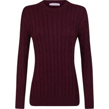 Felix Hardy Kadın V Yaka Saç Örgü Triko Kazak - Bordo