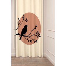 Greendecor Kuş Ağaç Yaprak Bohem Minimalist Bej Krem Desenli Özel Tasarım Dijital Baskılı (Tek Kanat) Fon Perde