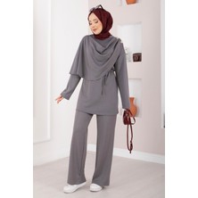 ZMR Yıldız Aksesuarlı Drapeli Tesettür İkili Takım Gri